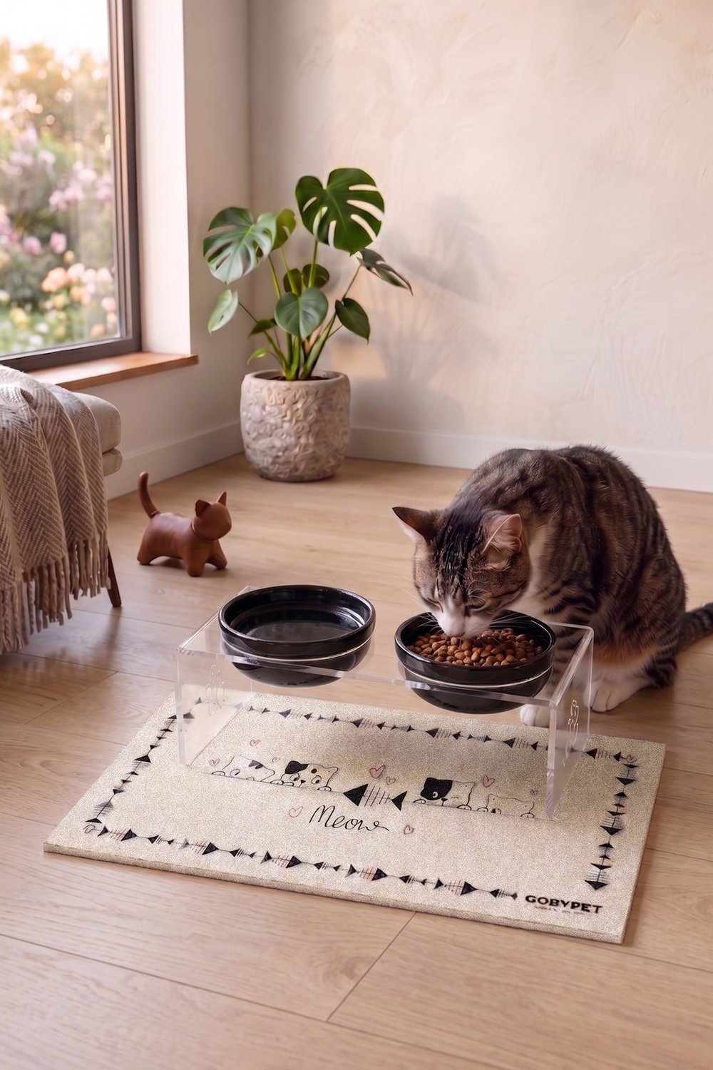 2'li Seramik Dekoratif Kedi Ve Köpek Pleksi Mama & Su Kabı Paspas