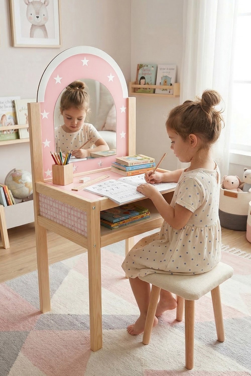 Çocuklar İçin Ahşap Makyaj Masası, Pleksi Aynalı Ve Taburesi