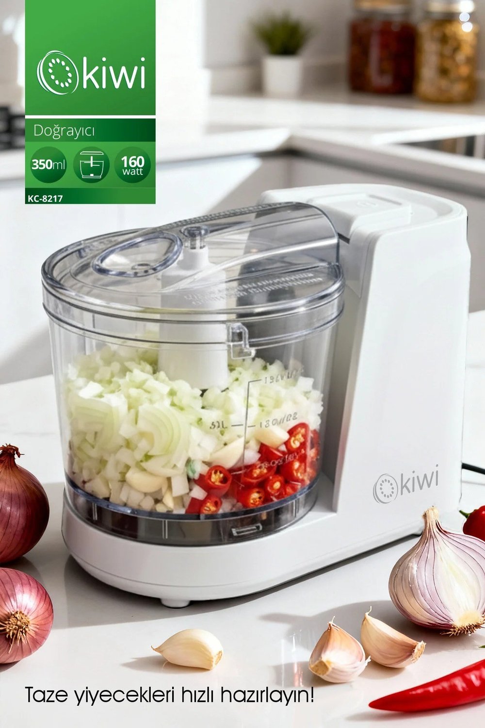 KC-8217 Mini Gıda Doğrayıcı | 350 ml Kapasiteli & Paslanmaz Çelik Bıçaklı (Beyaz)