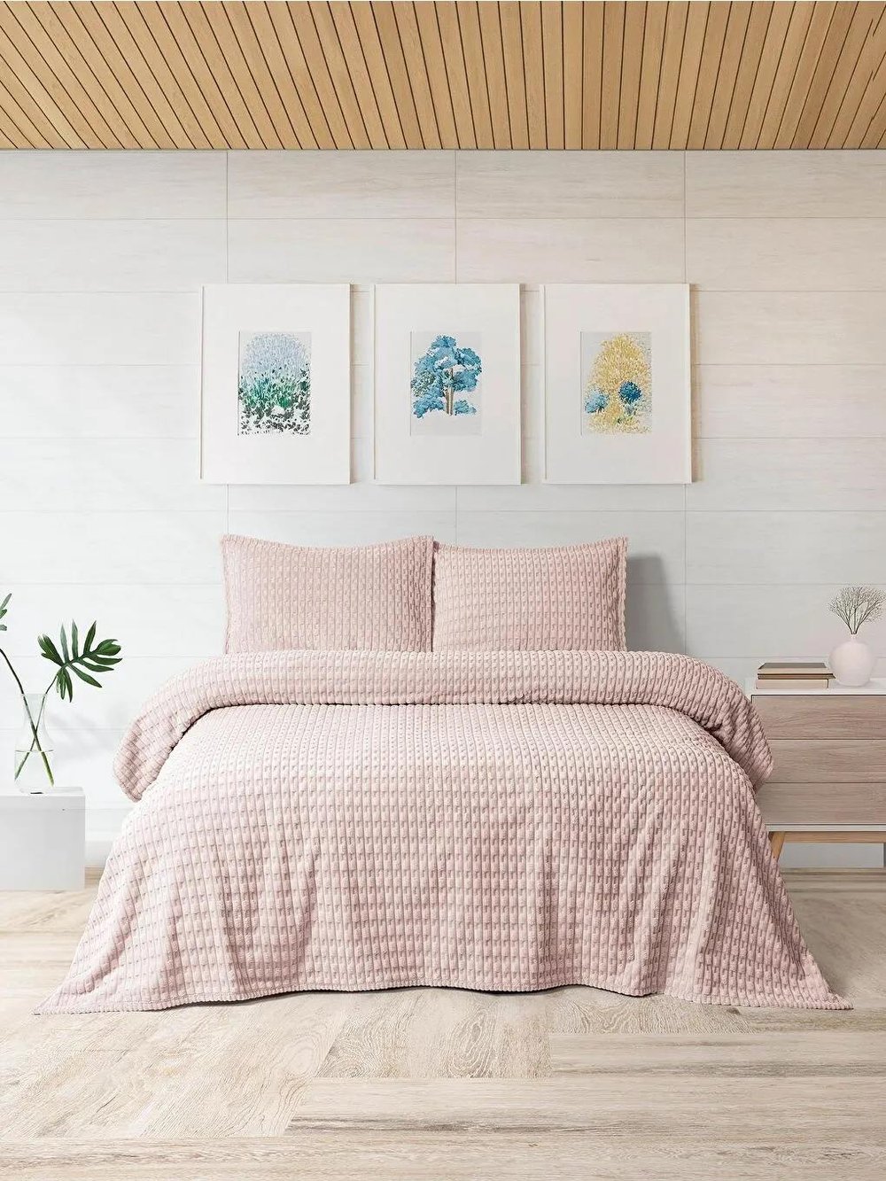 Modern Line 3 Parça Battaniye Seti Çift Kişilik Battaniye Seti Blush