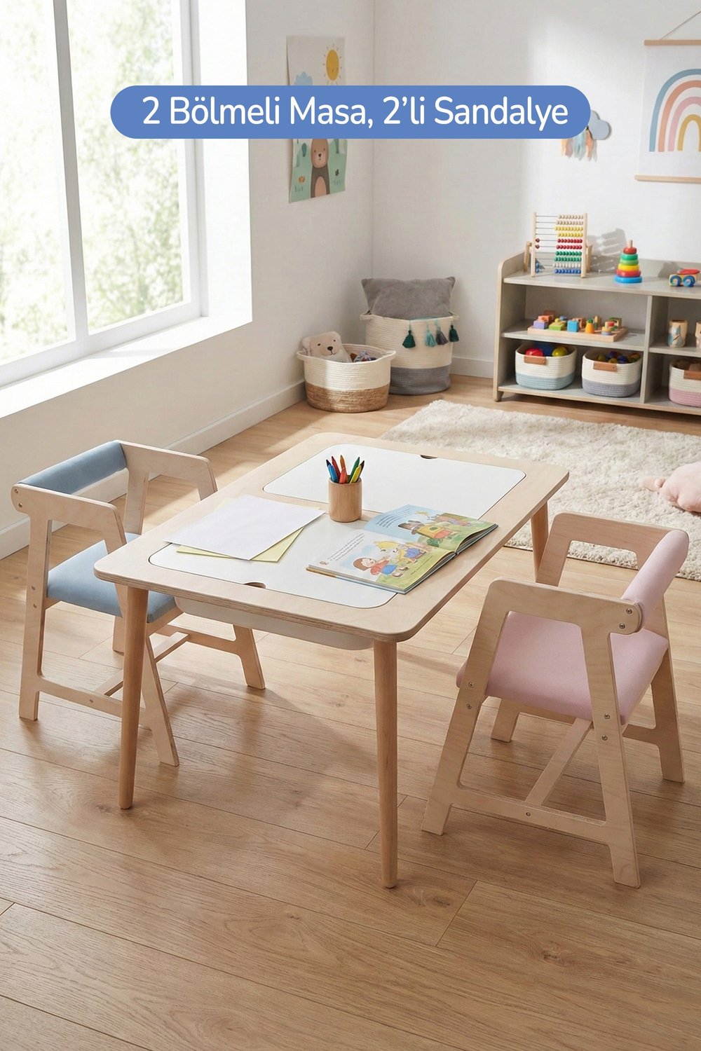 Montessori Çocuk Ahşap Oyun Etkinlik Çalışma Masası, 2 Sandalye Seti