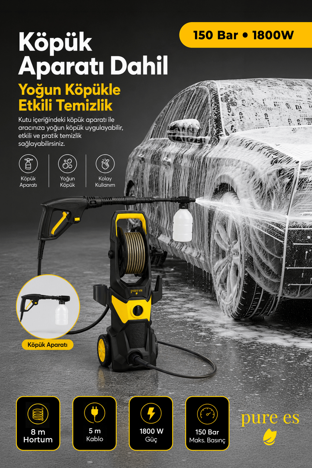 Orijinal 150 Bar Yüksek Basınçlı Yıkama Makinesi 1800W Kovadan Su Çekme ve Musluk Bağlantılı Köpük Aparatlı Oto Yıkama