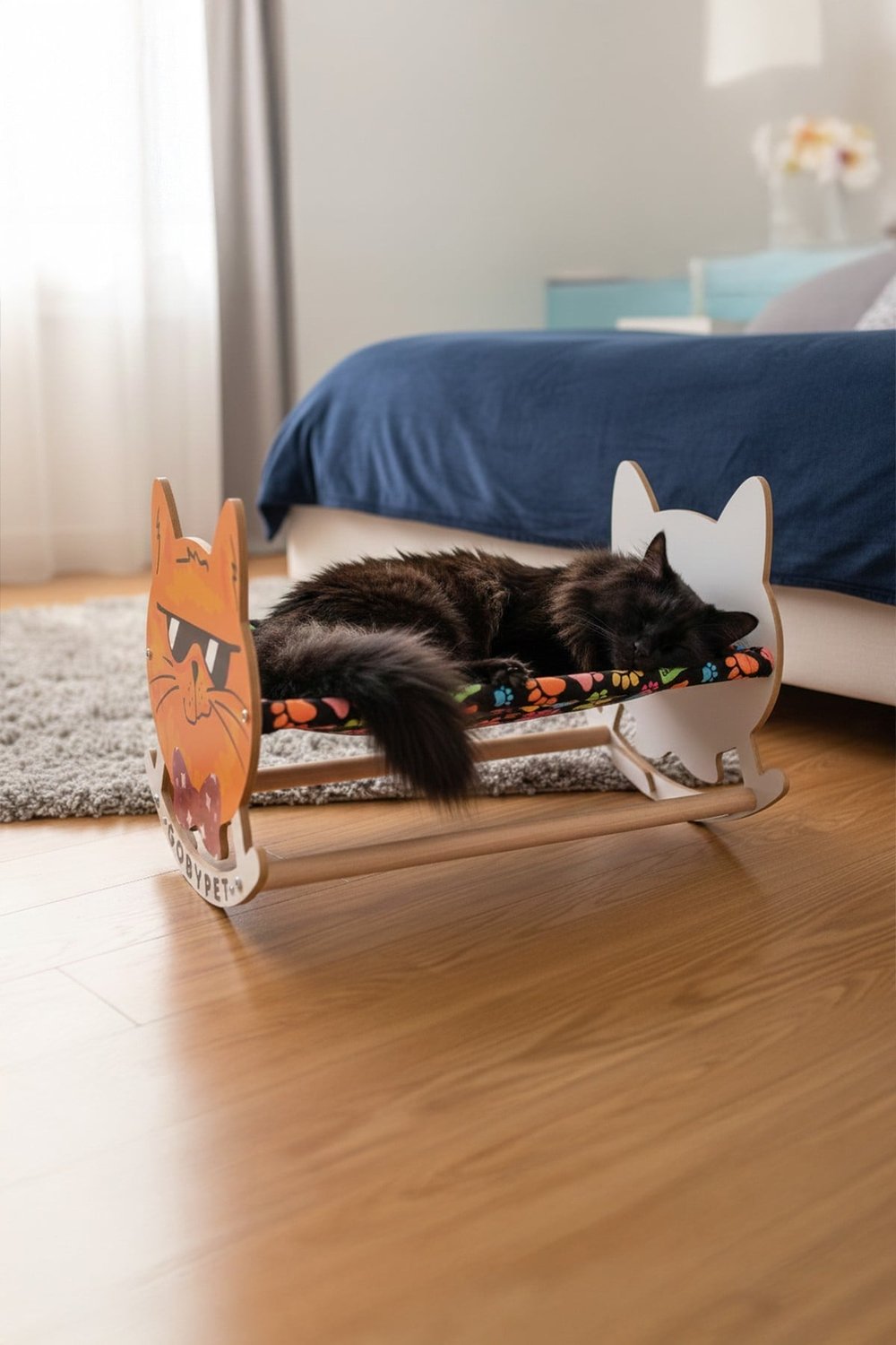 Sevimli Turunculu Kedi Tasarımlı Sallanan Kedi Beşiği 