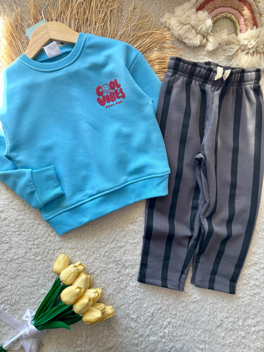 3 iplik kumaş erkek çocuk kışlık takım(çizgili pant)