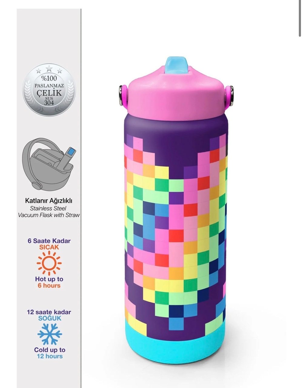 Coral High Çok Renkli Piksel Kalp Desenli Katlanır Ağızlıklı Çelik Termos 650 ml 38308