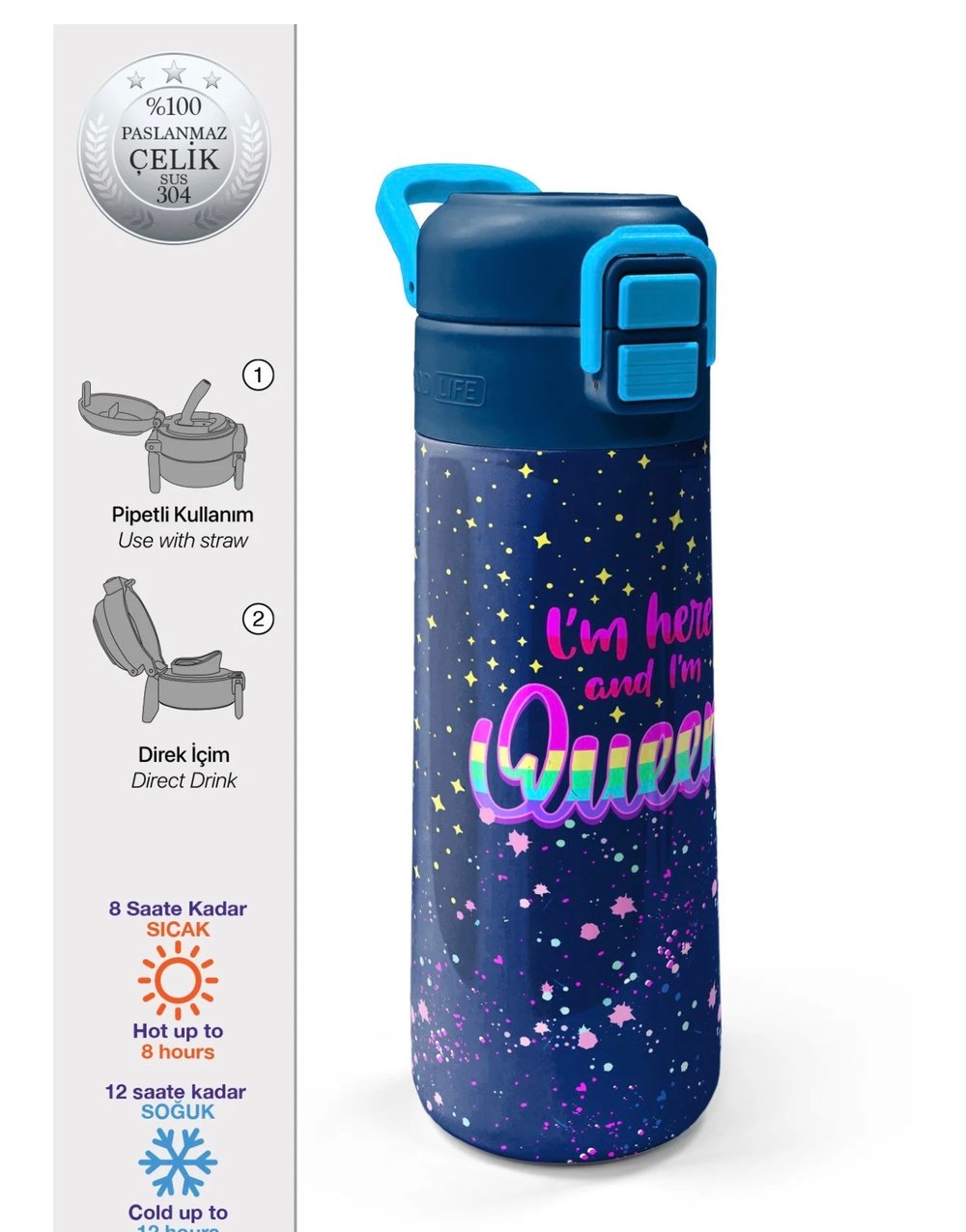 Coral High Kids Çok Renkli Lacivert Desenli Pipetli ve Direkt İçim Çelik Termos 500 ml 31848