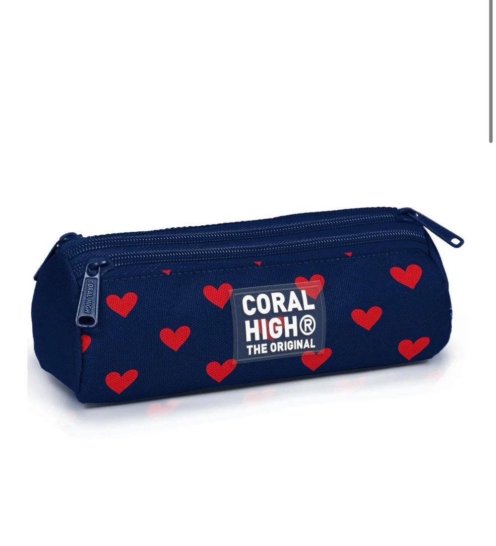 Coral High Kids Lacivert Kırmızı Kalp Desenli Üç Bölmeli Kalem Çantası 31029