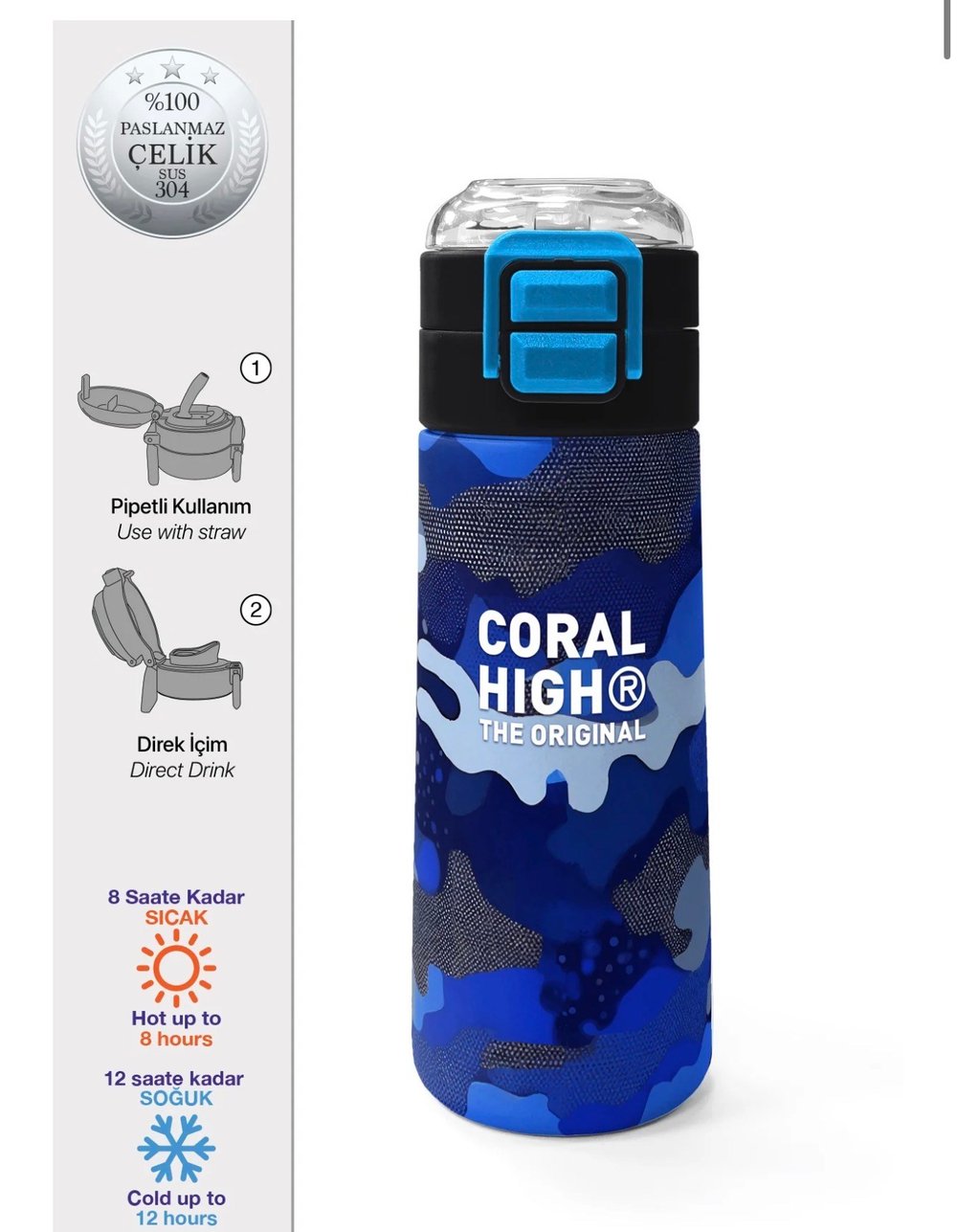 Coral High Kids Lacivert Saks Kamuflaj Desenli Pipetli ve Direkt İçim Çelik Termos 500 ml 31889