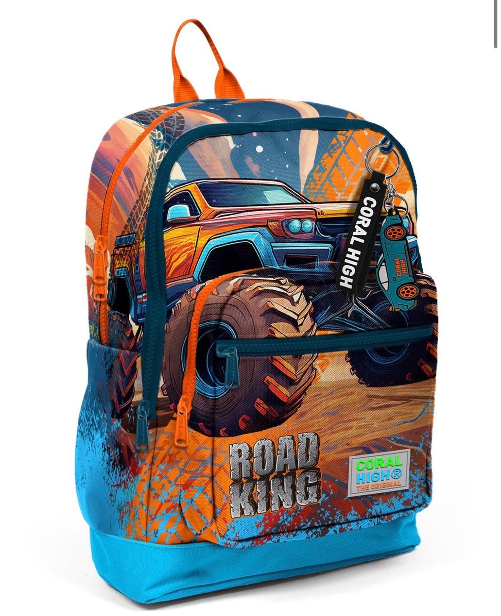 Coral High Kids Mavi Turuncu High Wheels Truck Desenli Dört Bölmeli Okul Sırt Çantası 23778