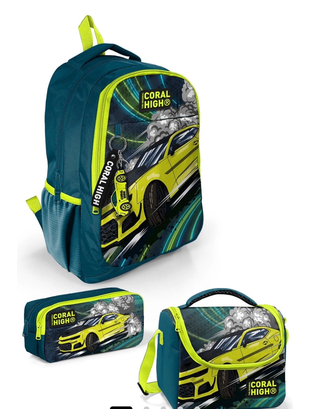 Coral High Kids Nefti Fosforlu Sarı Araba Desenli 3'lü Okul Çanta Seti SET0114406