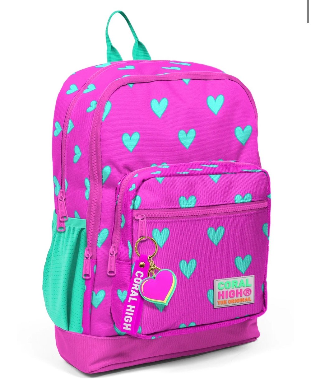 Coral High Kids Neon Pembe Su Yeşili Kalp Desenli Dört Bölmeli Okul Sırt Çantası 23113