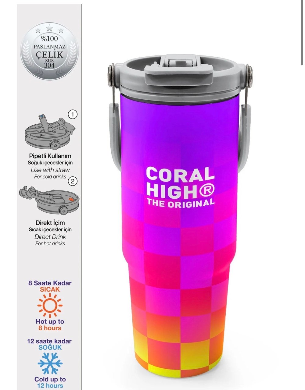 Coral High Kids Neon Renkli Dama Desenli Pipetli ve Direkt İçim Çelik Termos 900 ml 38729