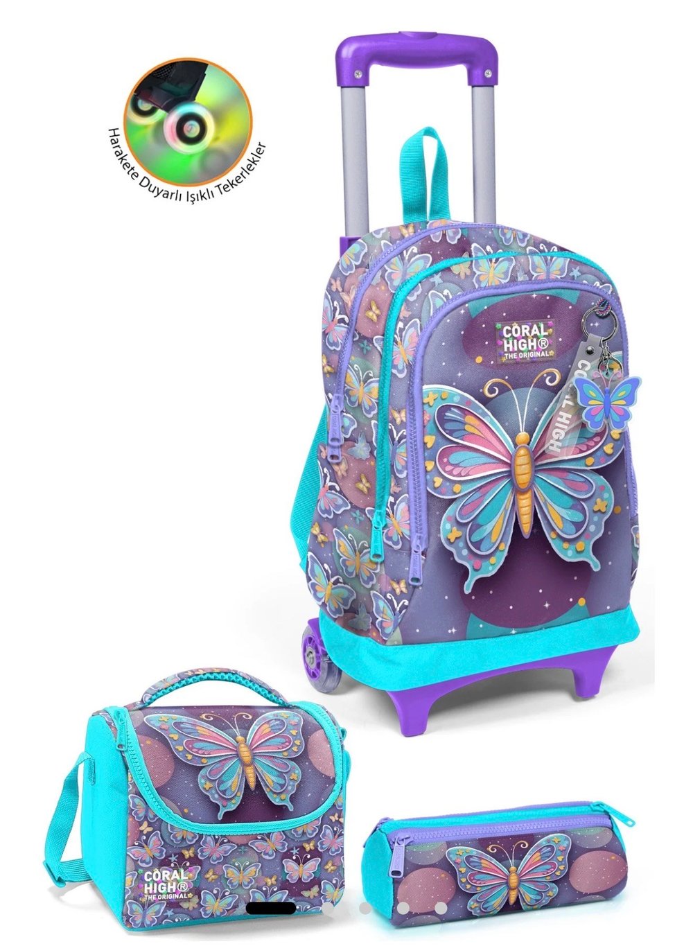 Coral High Kids Pastel Renkli Kelebek Desenli Çekçekli 3'lü Çanta Seti SET0134006