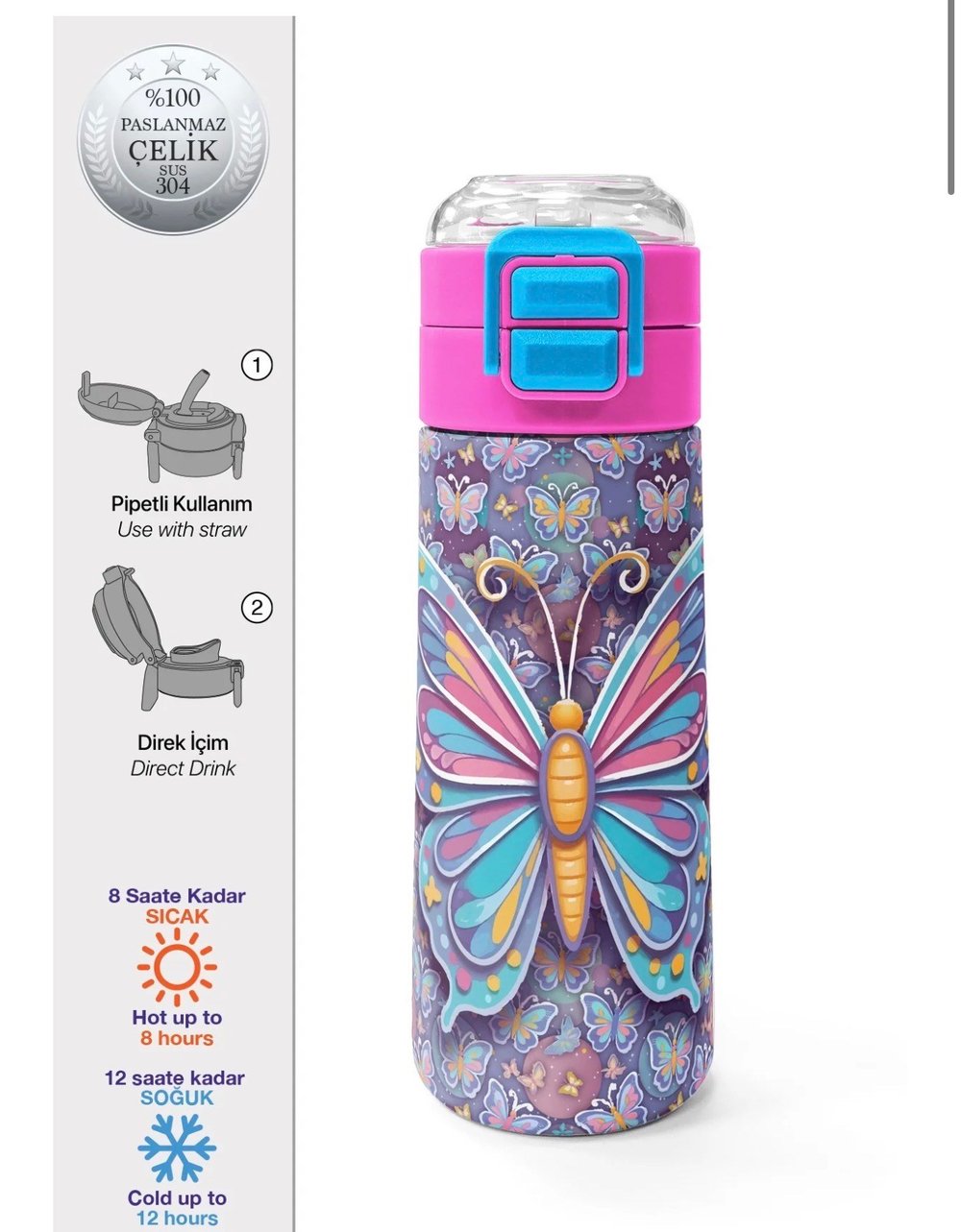 Coral High Kids Pastel Renkli Kelebek Desenli Pipetli ve Direkt İçim Çelik Termos 500 ml 38106