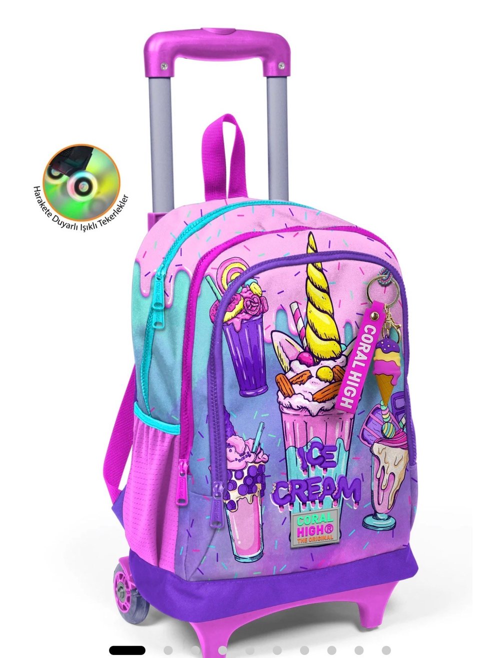 Coral High Kids Pembe Mor Milkshake Dondurma Desenli Üç Bölmeli Çekçekli Okul Sırt Çantası 23949