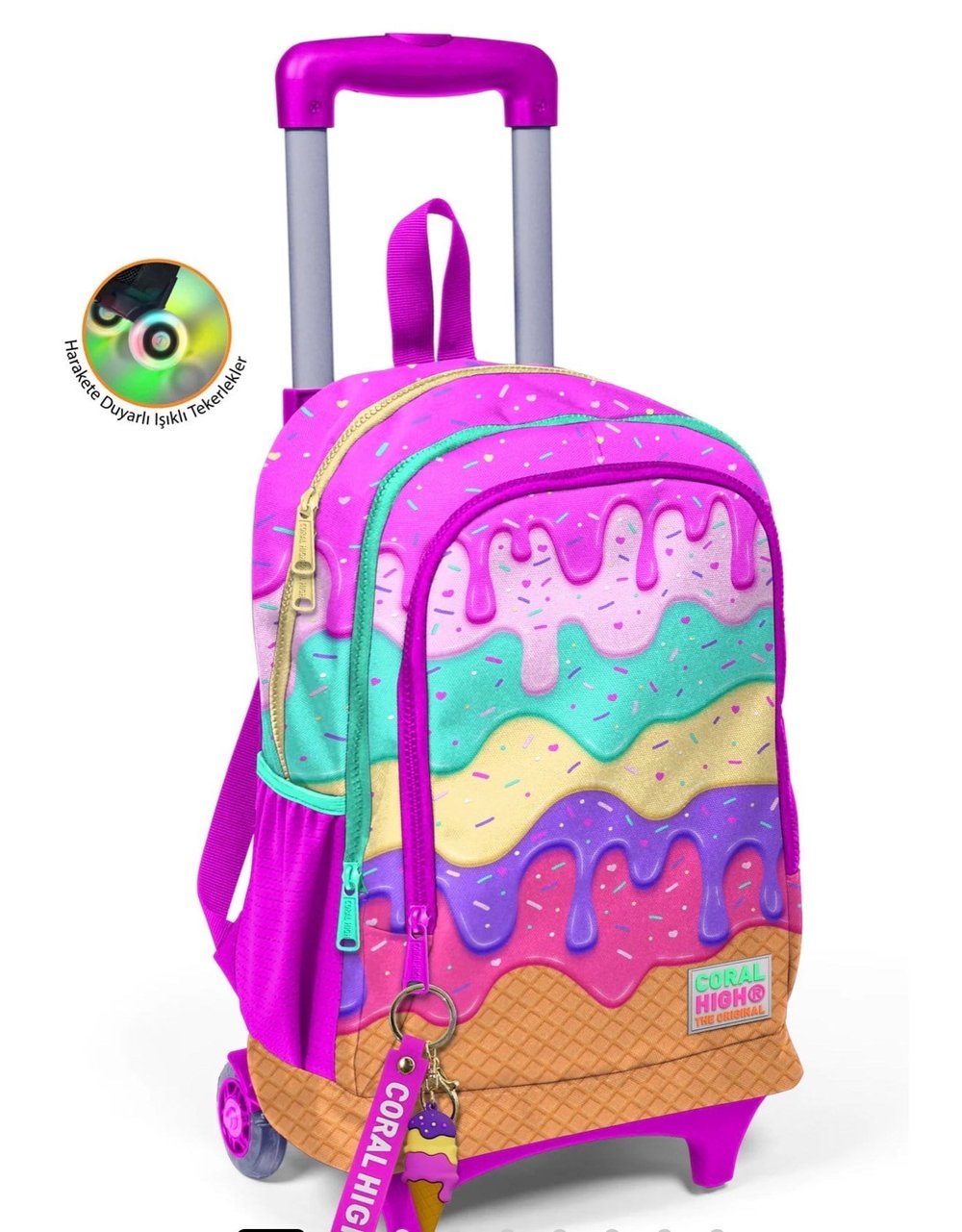 Coral High Kids Pembe Rengarenk Dondurma Desenli Üç Bölmeli Çekçekli Okul Sırt Çantası 23931