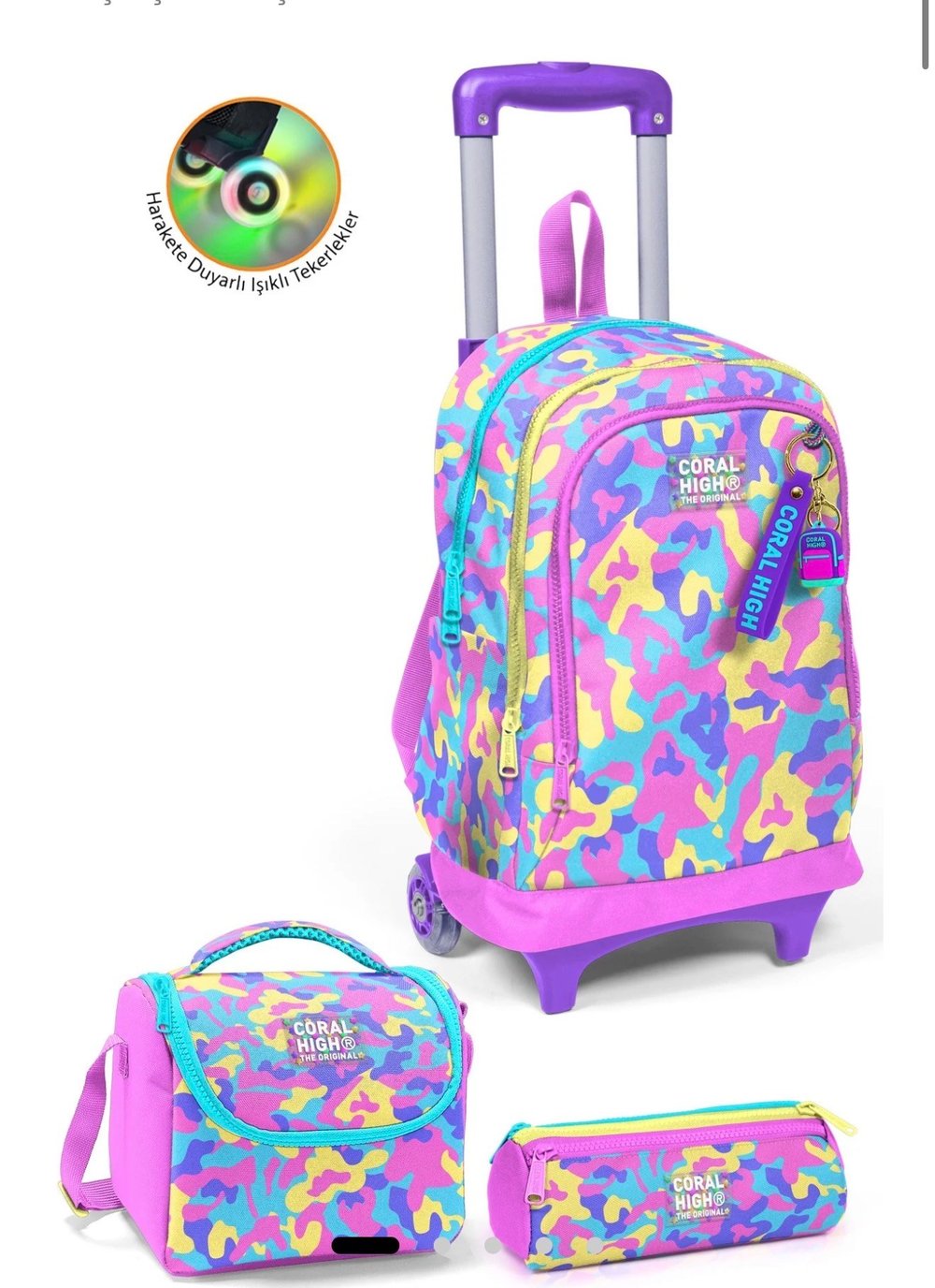 Coral High Kids Pembe Sarı Lavanta Kamuflaj Desenli Çekçekli 3'lü Çanta Seti SET0134001