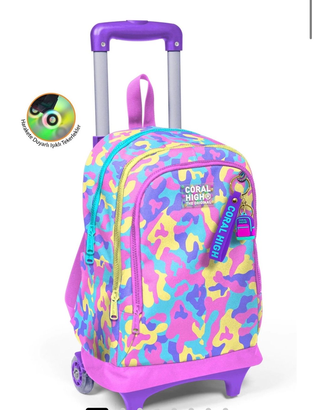 Coral High Kids Pembe Sarı Lavanta Kamuflaj Desenli Üç Bölmeli Çekçekli Okul Sırt Çantası 34001