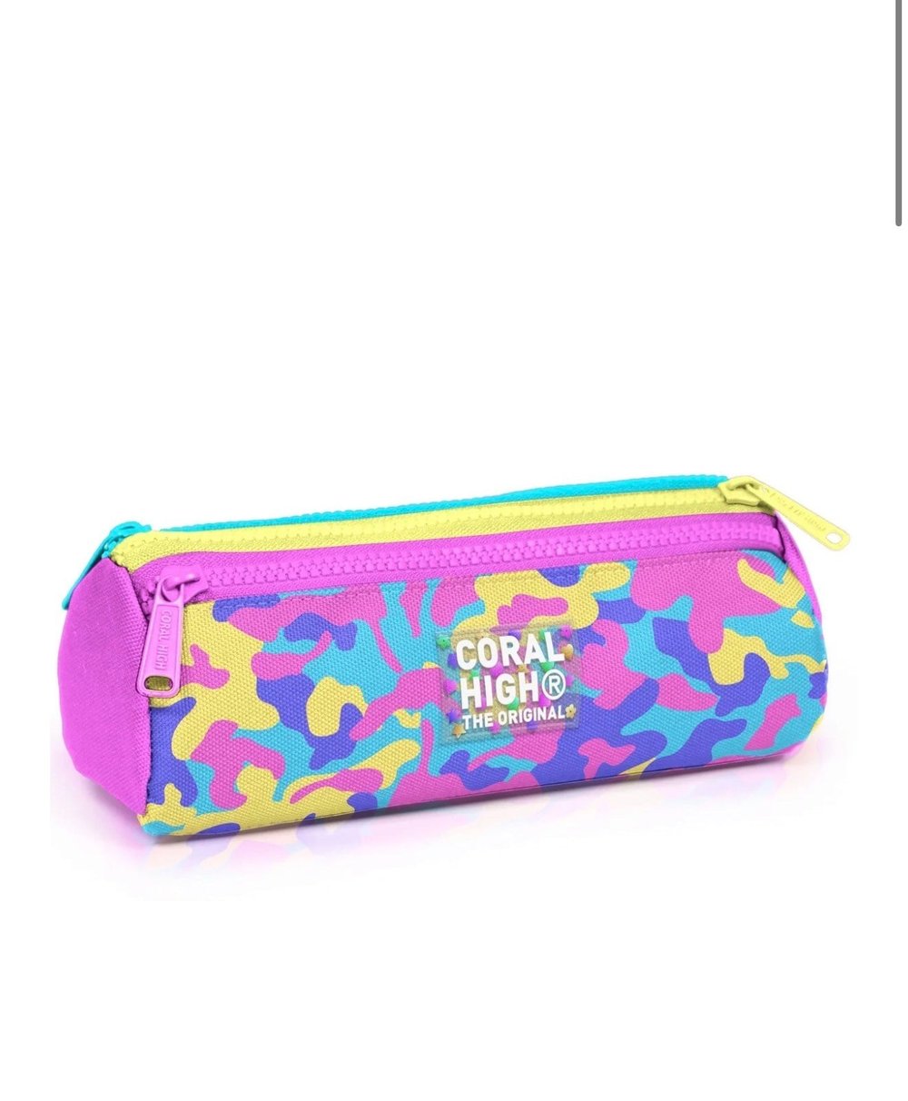 Coral High Kids Pembe Sarı Lavanta Kamuflaj Desenli Üç Bölmeli Kalem Çantası 31001