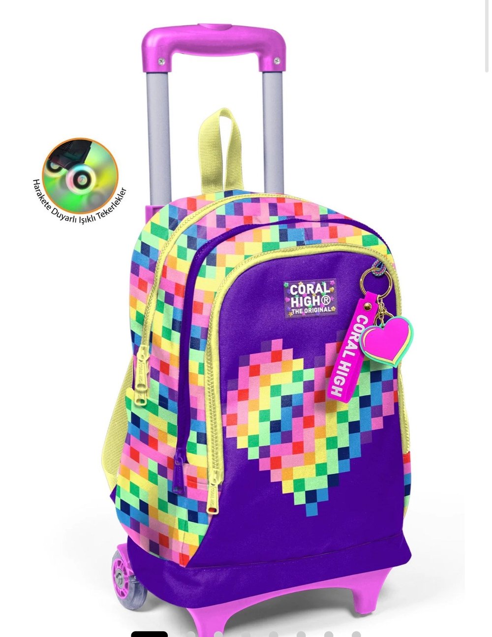 Coral High Kids Renkli Piksel Kalp Desenli Üç Bölmeli Çekçekli Okul Sırt Çantası 34008
