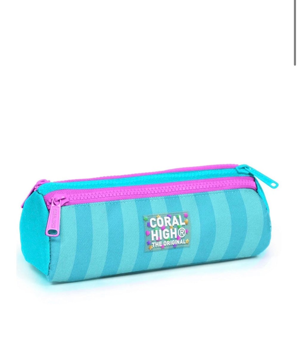 Coral High Kids Turkuaz Pembe Çizgili Üç Bölmeli Kalem Çantası 22087