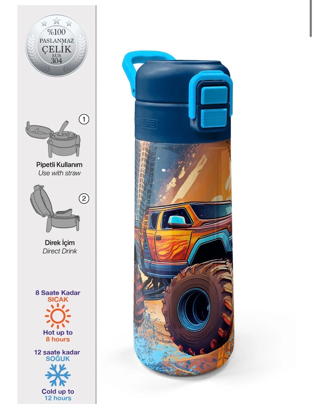 Coral High Kids Turuncu High Wheels Truck Desenli Pipetli ve Direkt İçim Çelik Termos 500 ml 31994