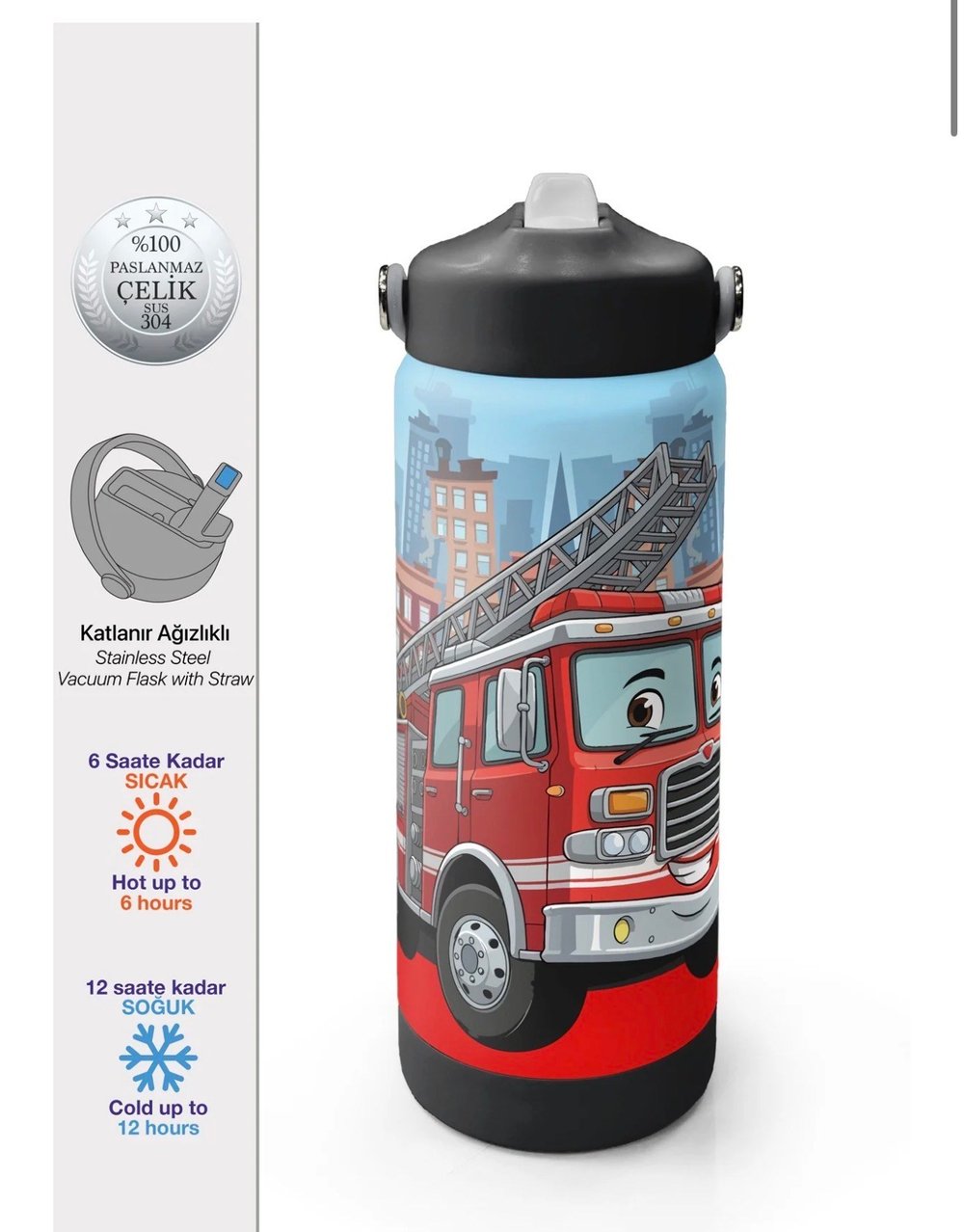 Coral High Kırmızı İtfaiye Desenli Katlanır Ağızlıklı Çelik Termos 650 ml 