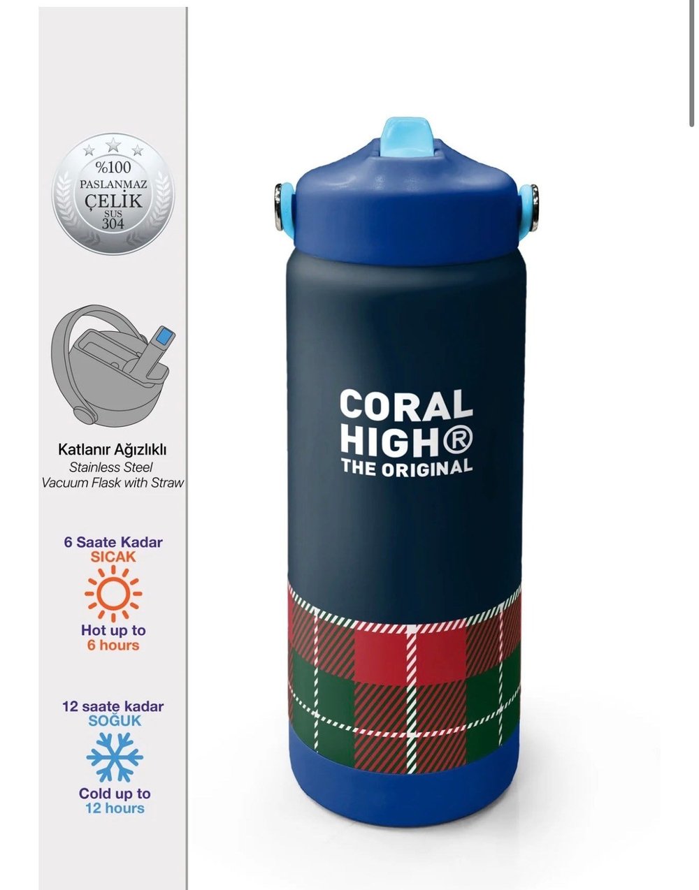 Coral High Lacivert Ekose Fiyonk Desenli Katlanır Ağızlıklı Çelik Termos 650 ml 38307