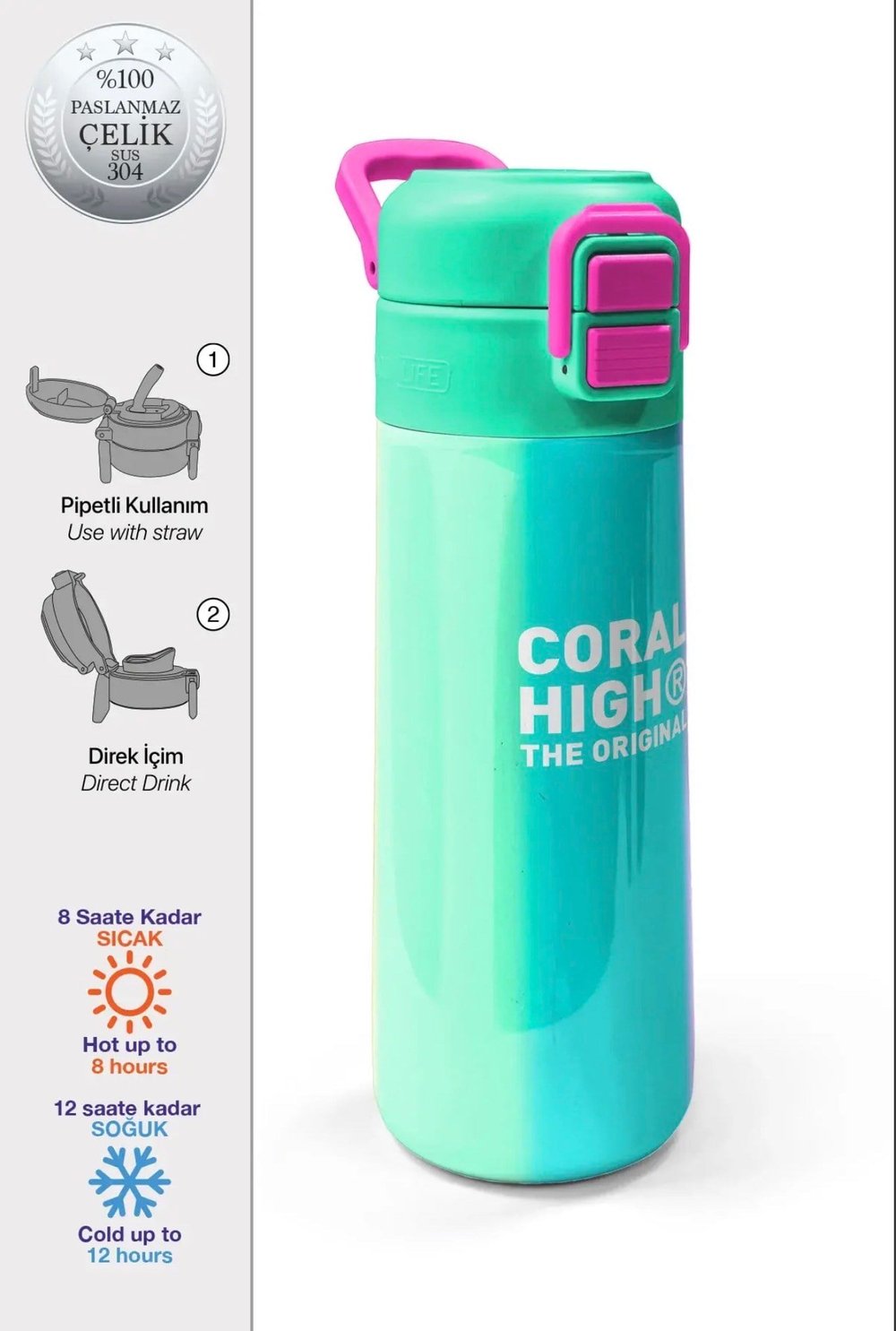 Coral High paslanmaz çelik pipetli ve direkt içimli Termos(500 ml) 31844