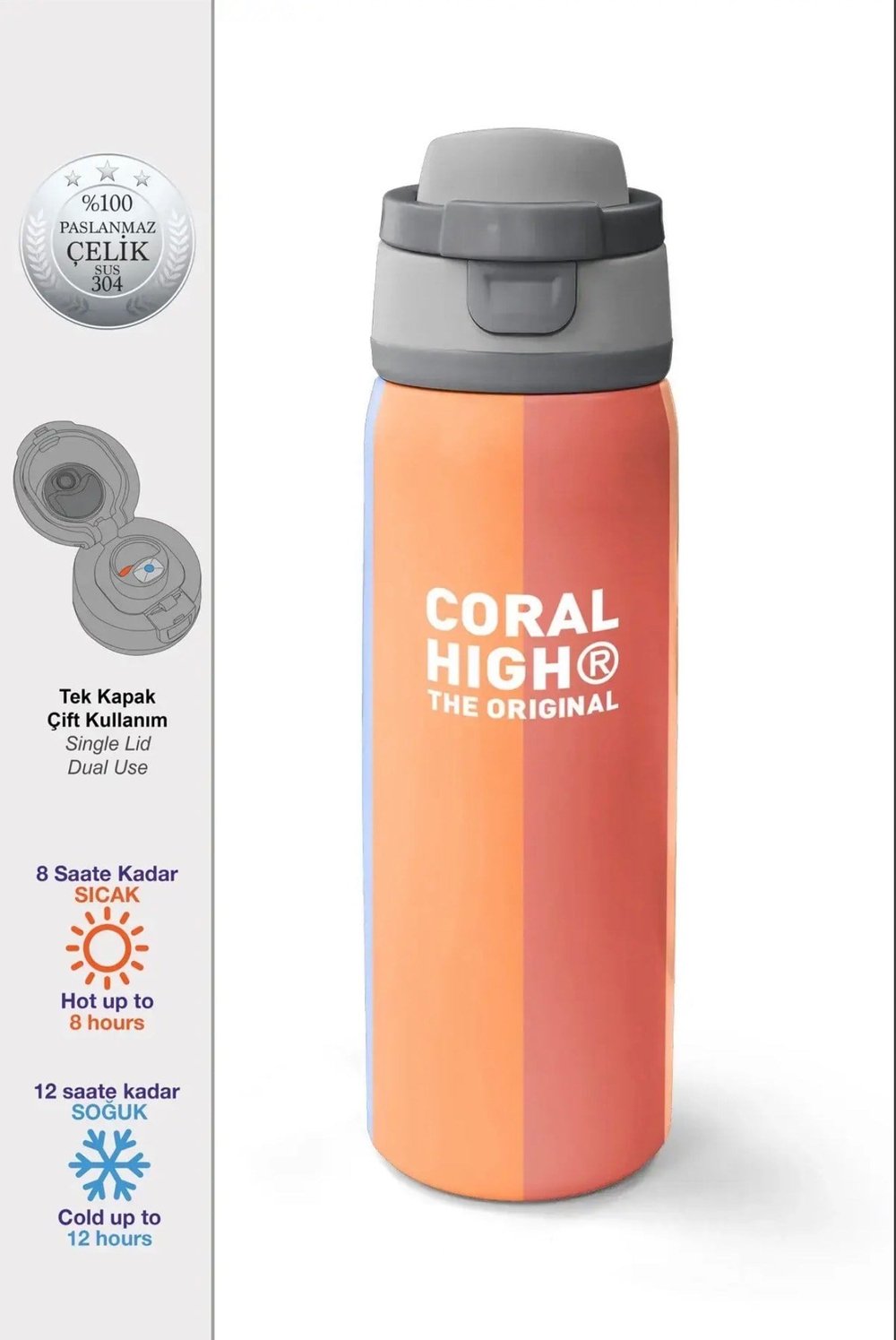 Coral High paslanmaz çelik PİPETLİ VE DİREKT İÇİMLİ termos (800 ml) 38540