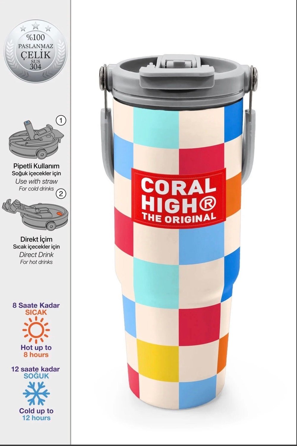Coral High paslanmaz çelik PİPETLİ VE DİREK İÇİMLİ  Termos(900 ML) 38702