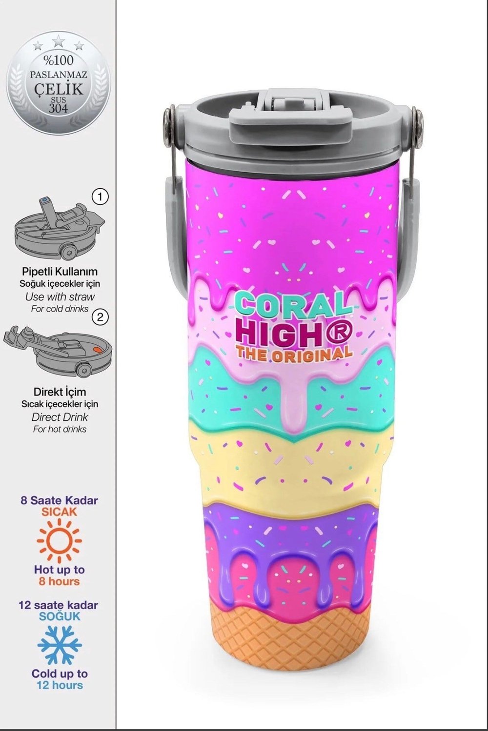 Coral High paslanmaz çelik PİPETLİ VE DİREK İÇİMLİ  Termos(900 ML) 38741