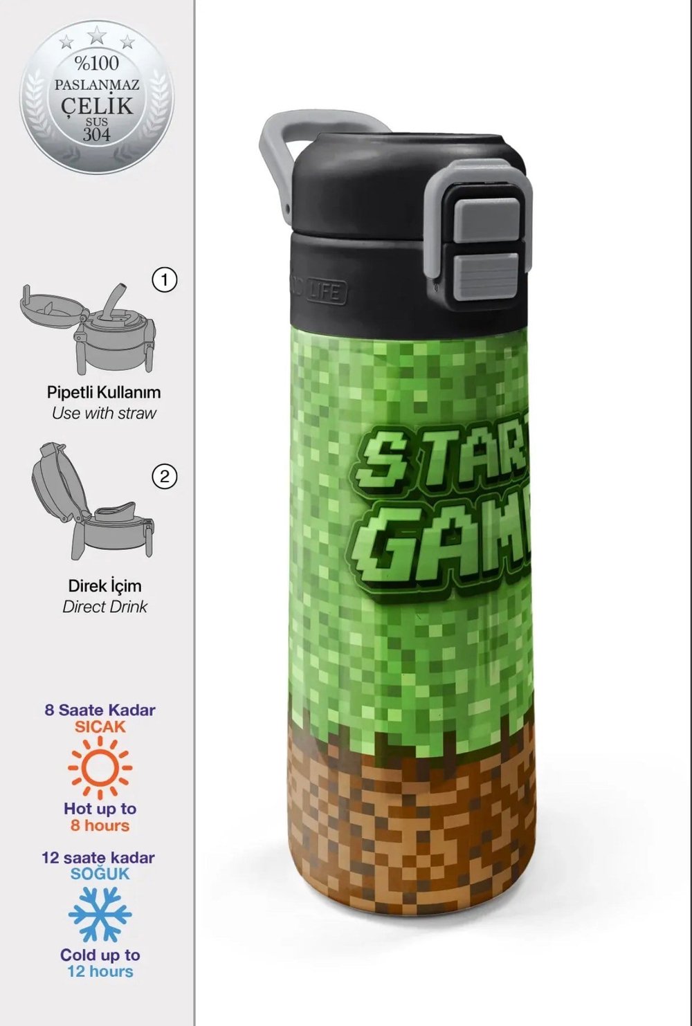 Coral High paslanmaz çelik pipetli ve direkt içimli Termos(500 ml) minecraft