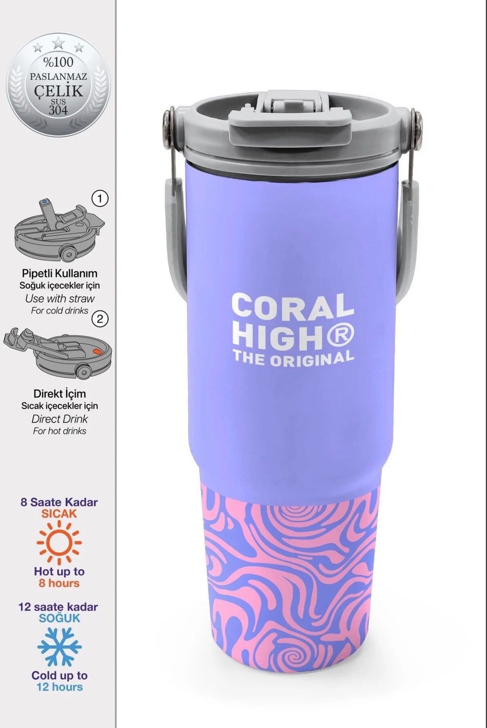Coral High paslanmaz çelik PİPETLİ VE DİREK İÇİMLİ  Termos(900 ML) 38704