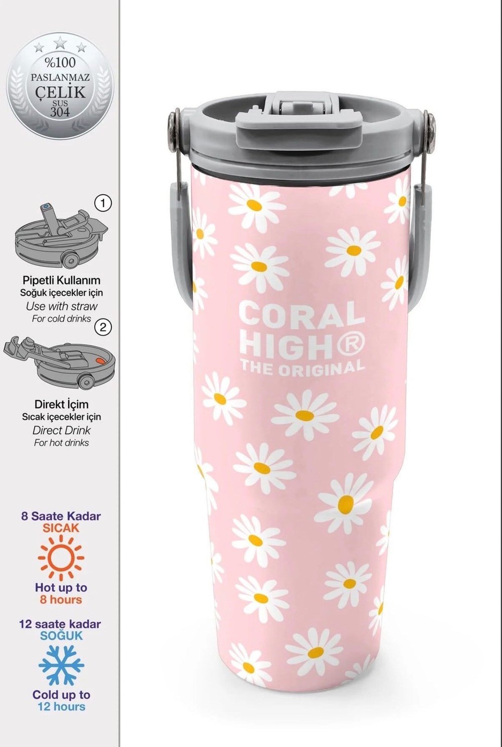 Coral High paslanmaz çelik PİPETLİ VE DİREK İÇİMLİ  Termos(900 ML) 38701