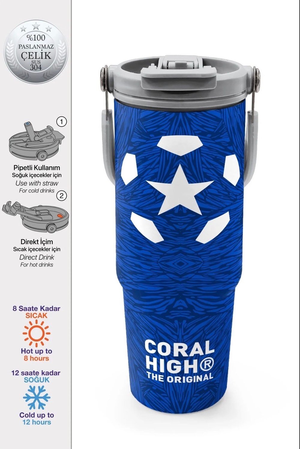 Coral High paslanmaz çelik PİPETLİ VE DİREK İÇİMLİ  Termos(900 ML) 38721