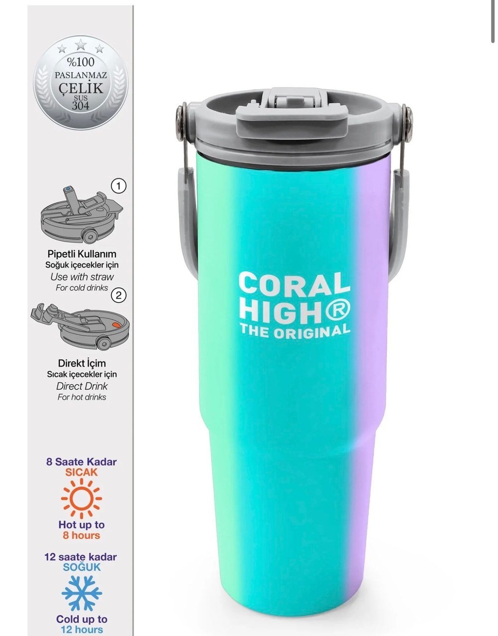 Coral High Renkli Çizgili Desenli Pipetli ve Direkt İçim Çelik Termos 900 ml 38708