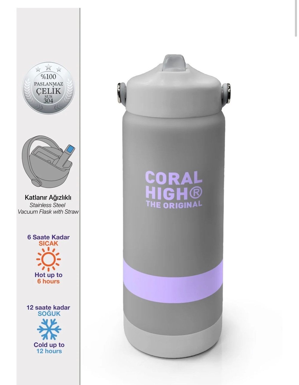 Coral High Renkli Gümüş Desenli Katlanır Ağızlıklı Çelik Termos 650 m 38367