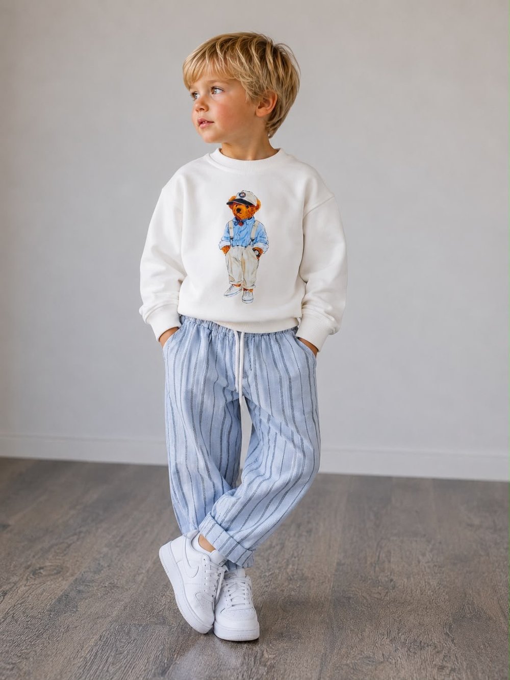 Erkek çocuk 2 iplik kumaş alt müslin Teddy takım