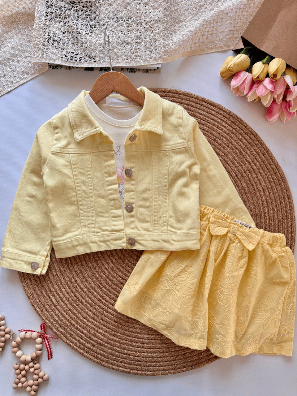 Kız çocuk 3lü denim ceketli takım