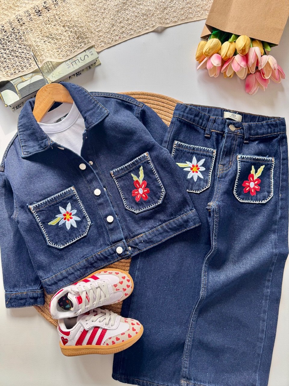 Kız çocuk 3lü denim takım çiçek nakışlı