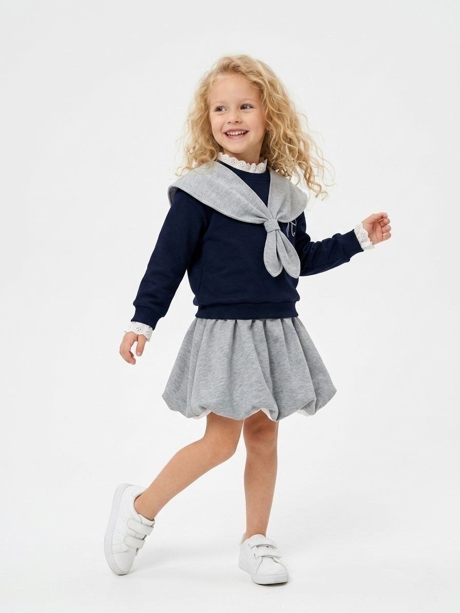 Kız çocuk yaka detaylı etekli takım
