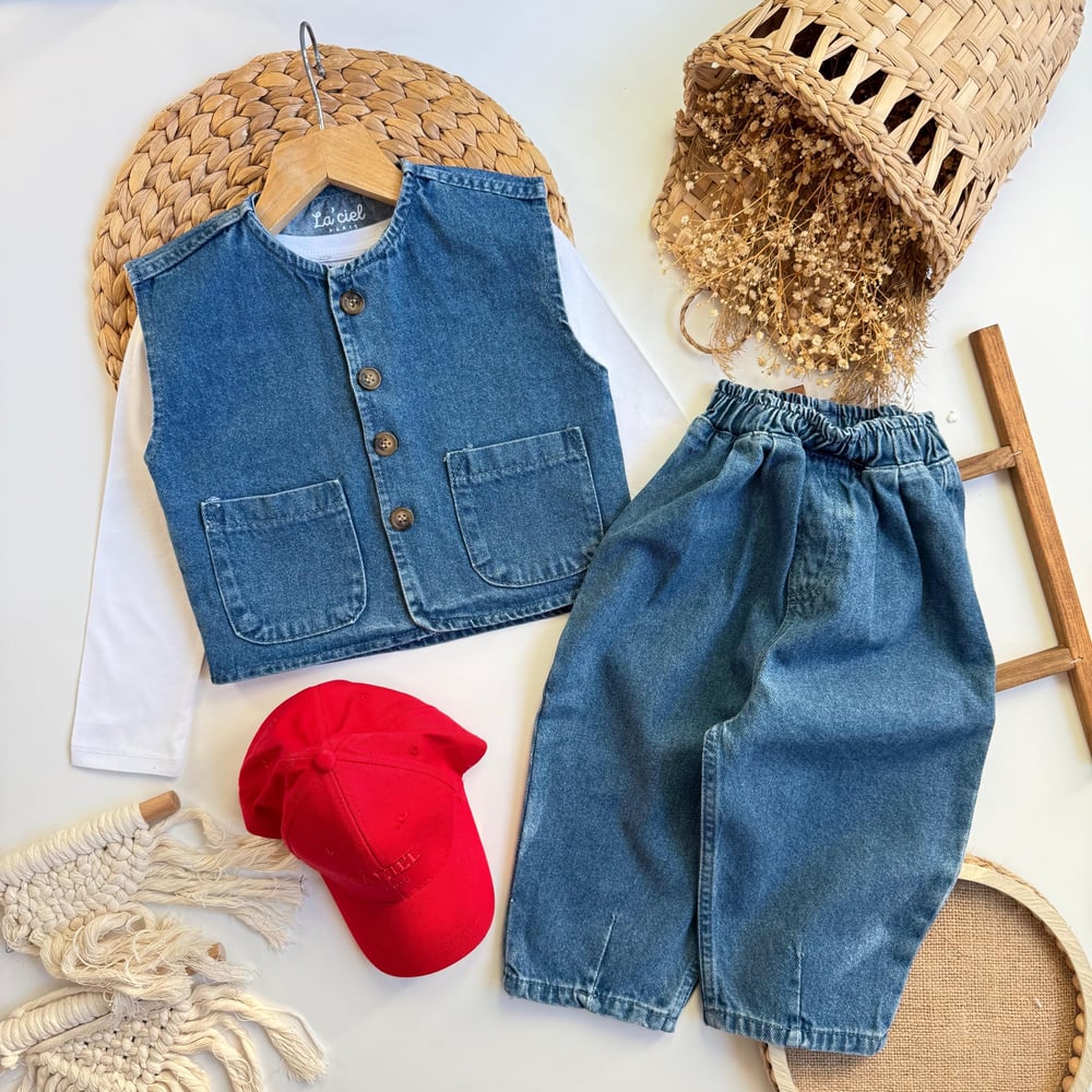 Laciel çocuk yelekli denim 2li takım YUNLA