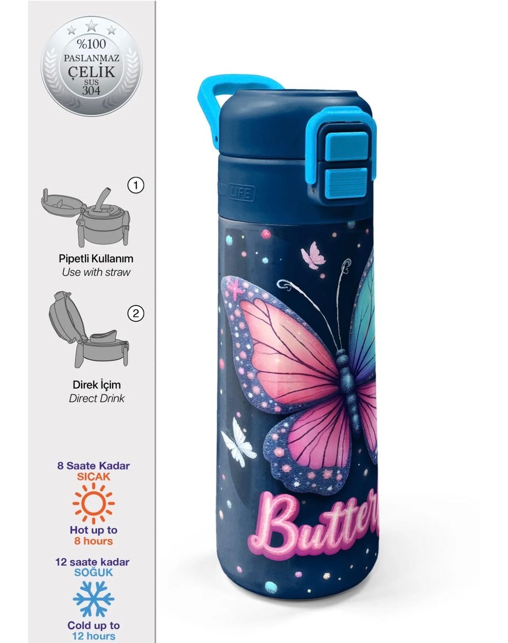 oral High Kids Kelebek Desenli Pipetli ve Direkt İçim Çelik Termos 500 ml 38131