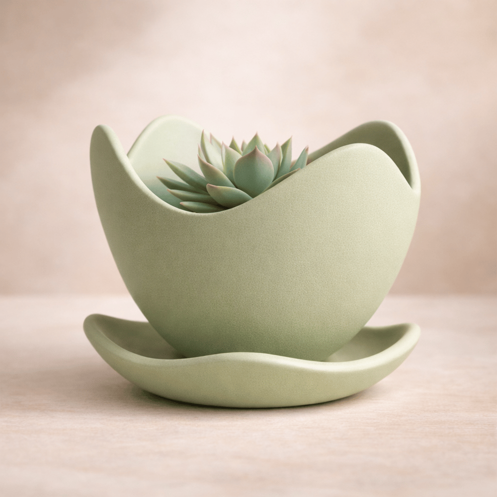 Tulip Wave Pot – Minimalist Organic Planter & Saucer (Fıstık Yeşili)