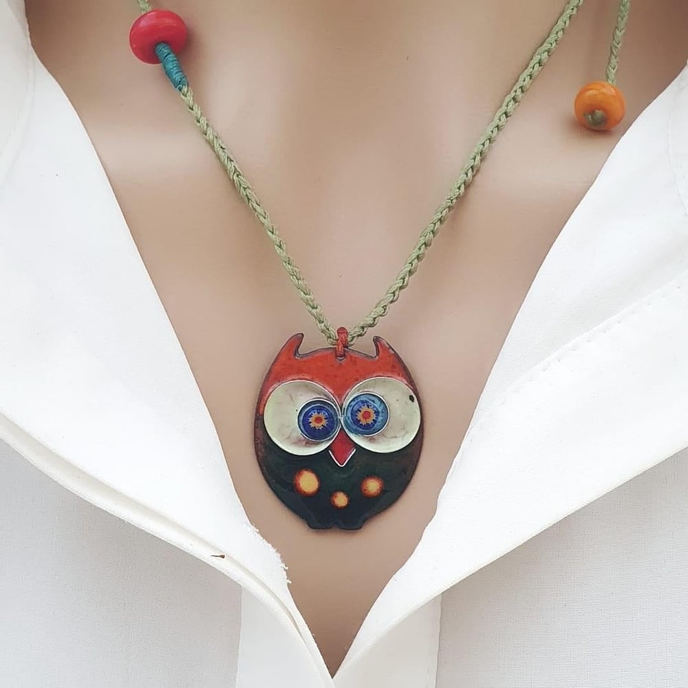 Cloisonné Baykuş Kolye Turuncu Yeşil