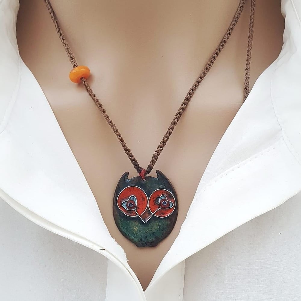 Cloisonné Baykuş Kolye Yeşil Turuncu