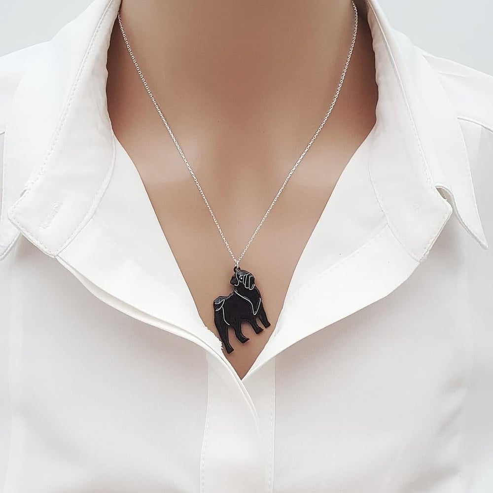 Pug Kolye Siyah Gümüş Zincirli
