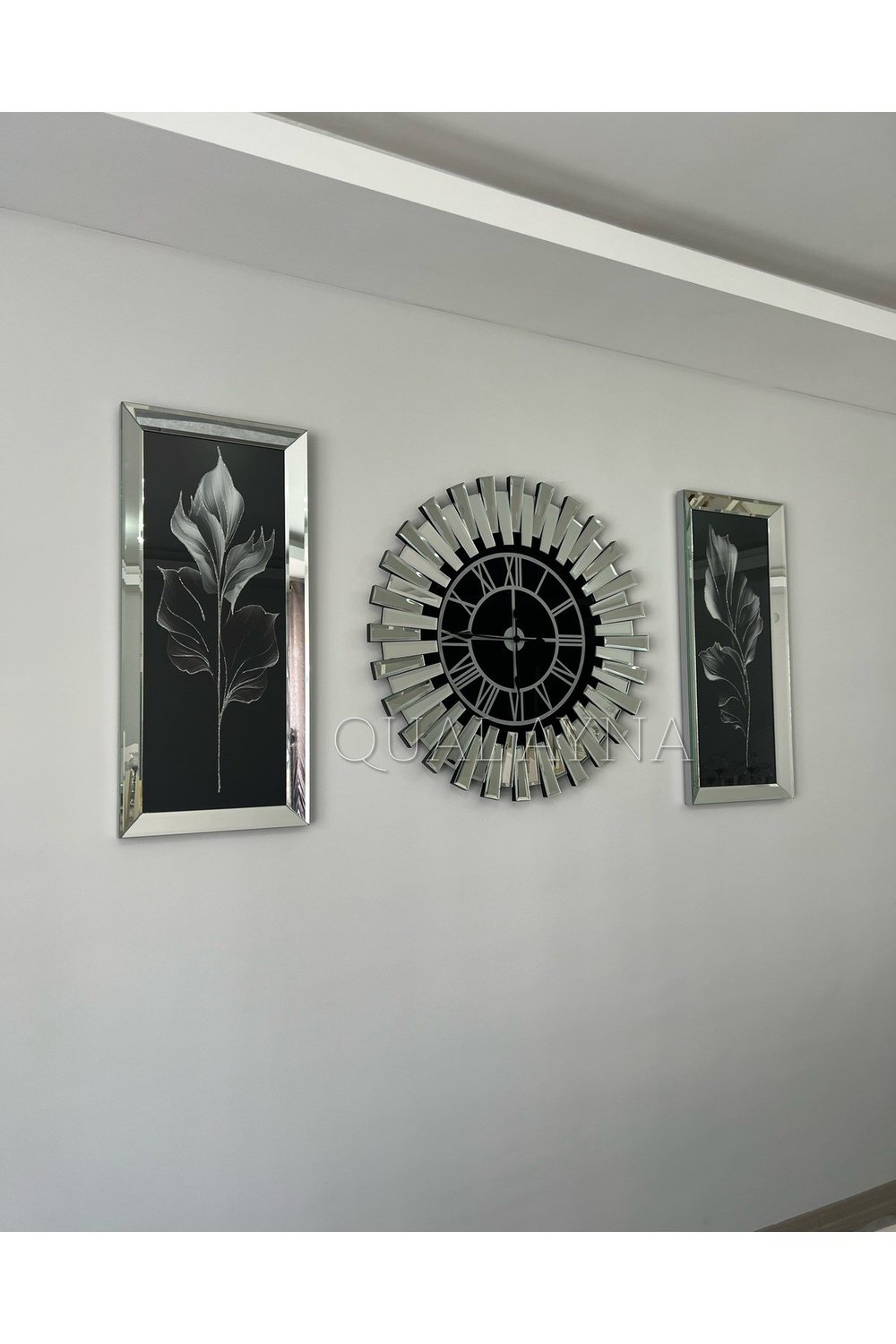 65 cm Gümüş Renk Piyano Saat ve 30*70 cm Gümüş Aynalı Tablo Set