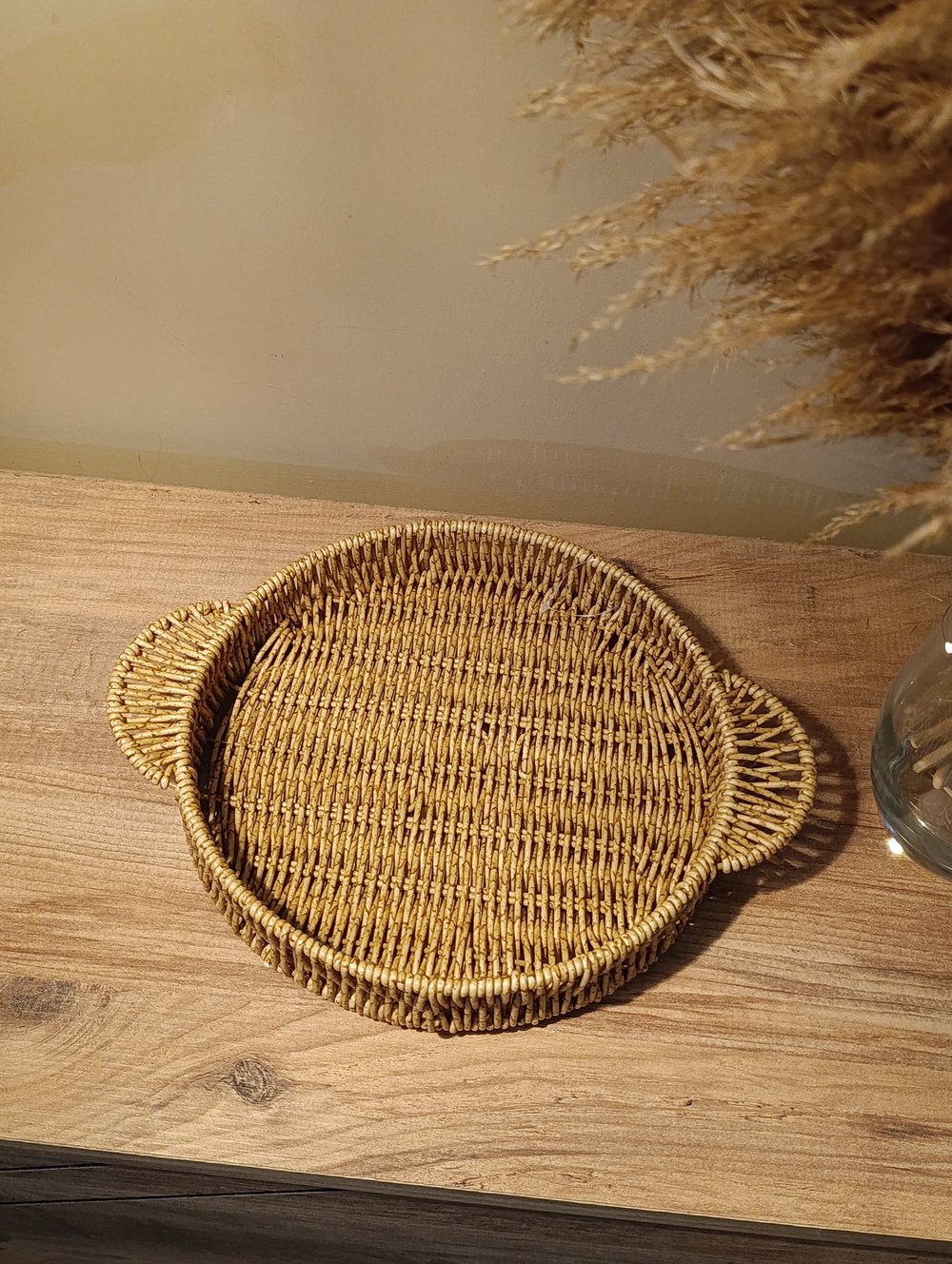 Hasır Rattan Sunum Tepsi Küçük Boy Organizer Yuvarlak